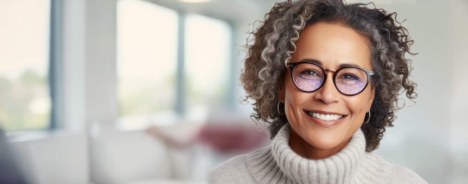 Woman wearing glasses with DLS Everyday+ lenses
